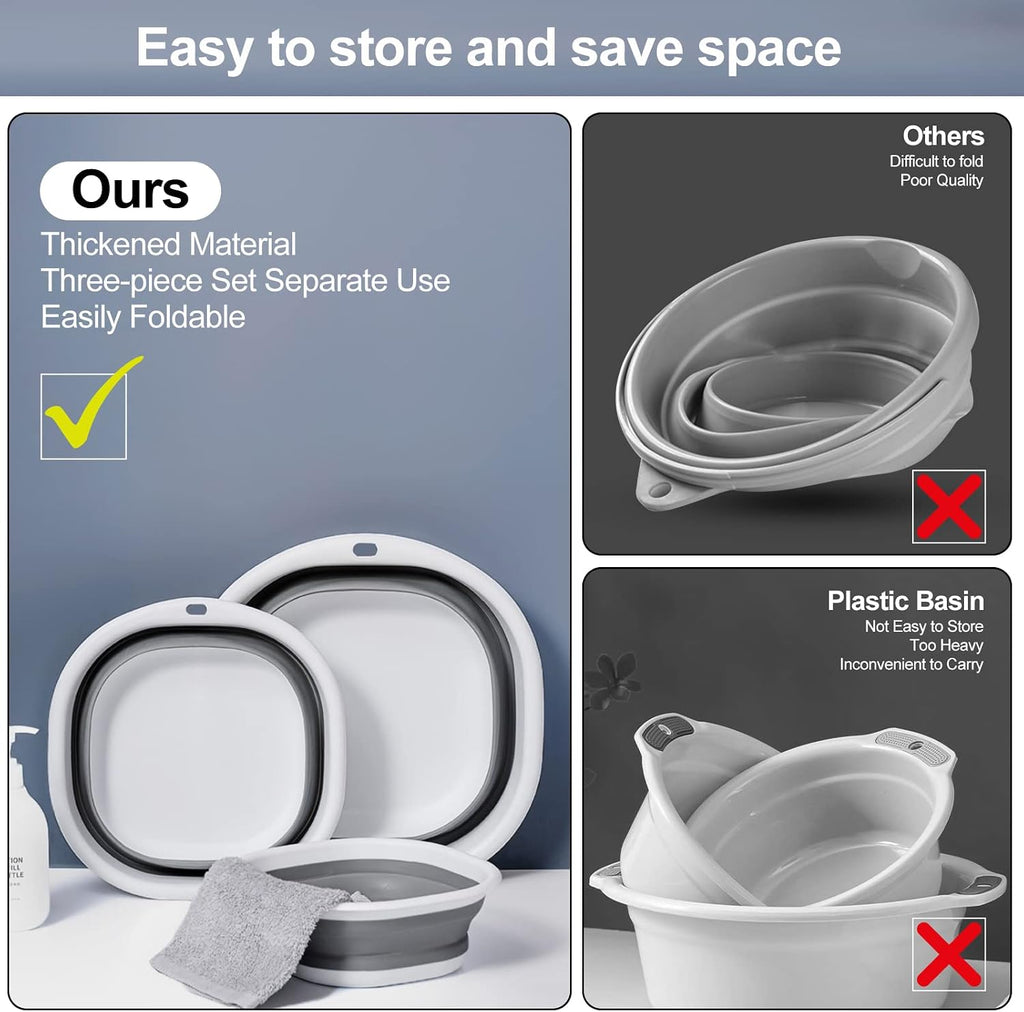 Collapsible Silicone Basin Set of 3 – Space-Saving Foldable Wash Tubs