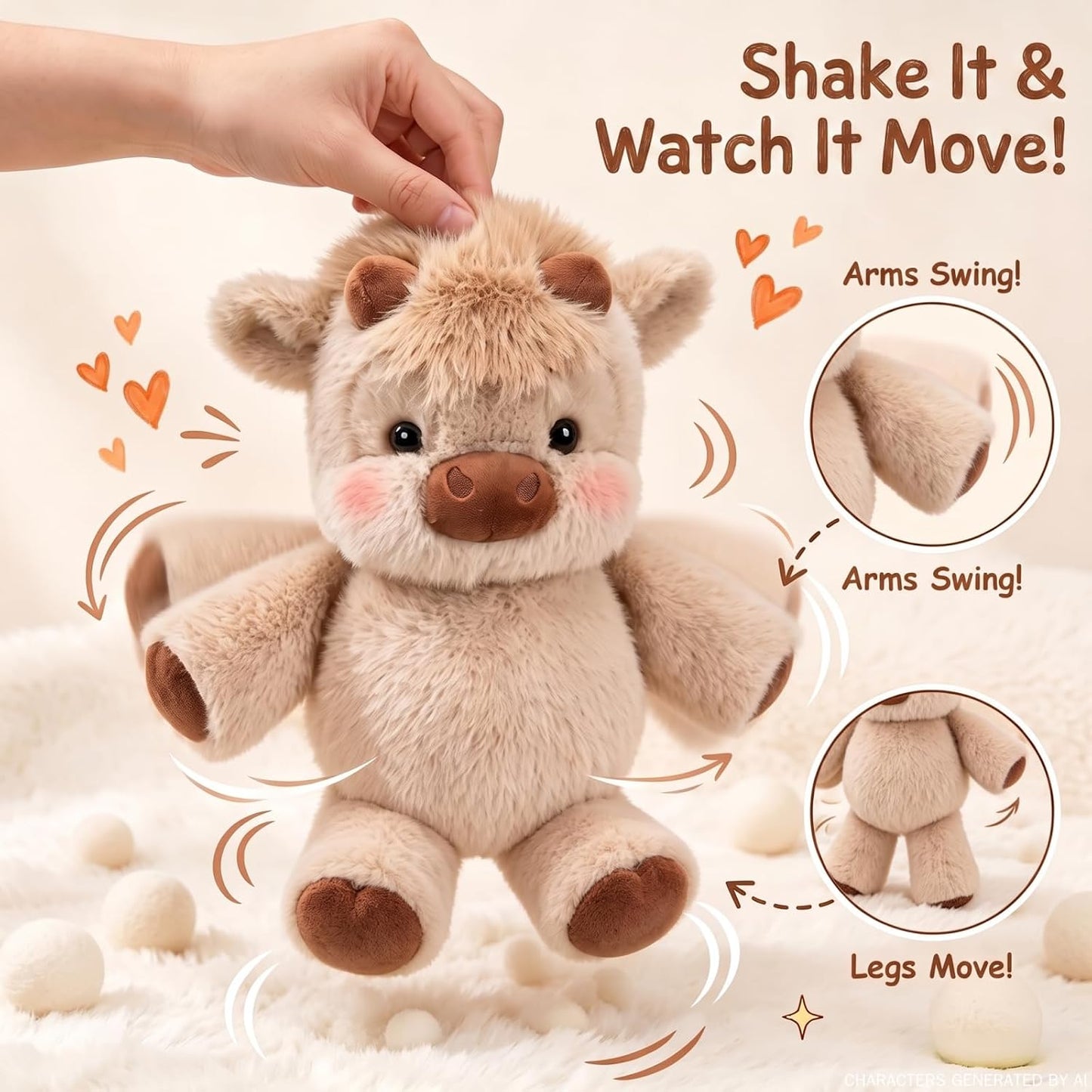Shake & Move Cow Stuffed Animal | 17" Fluffy Stress Relief Plush Toy