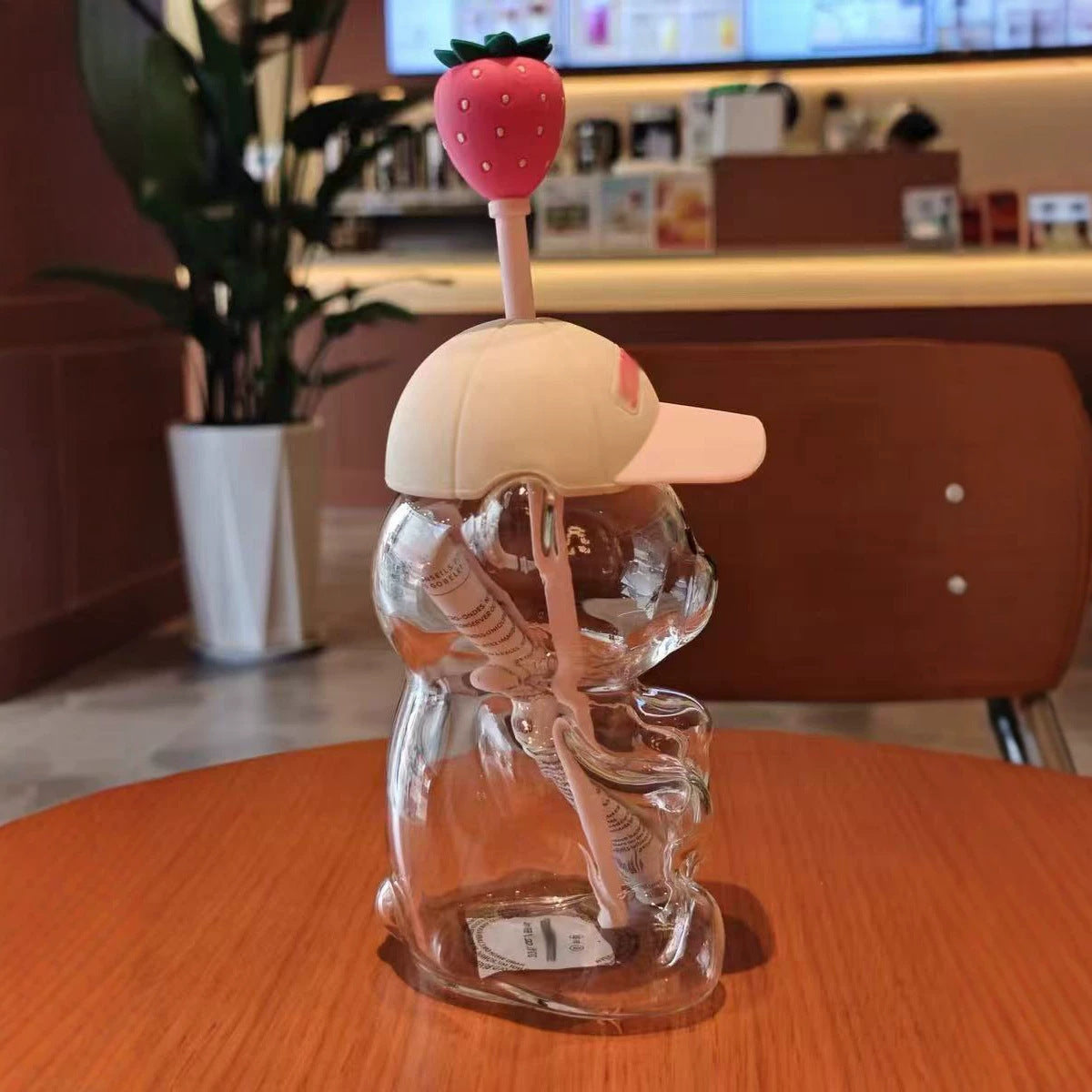 Cute Bear Glass Cup with Straw & Strawberry Lid