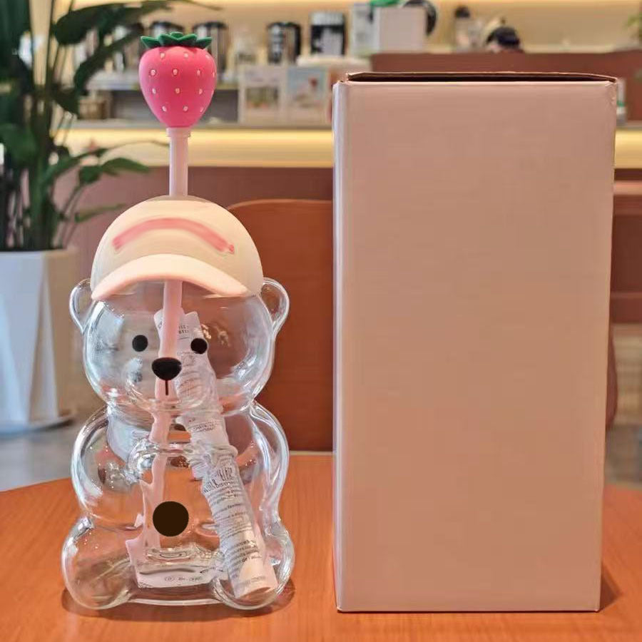 Cute Bear Glass Cup with Straw & Strawberry Lid
