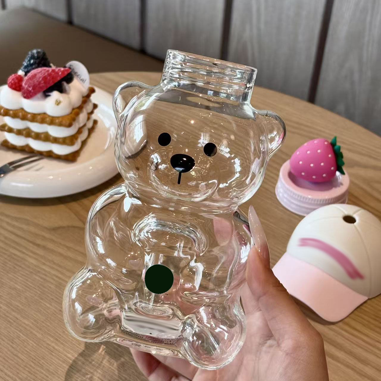 Cute Bear Glass Cup with Straw & Strawberry Lid