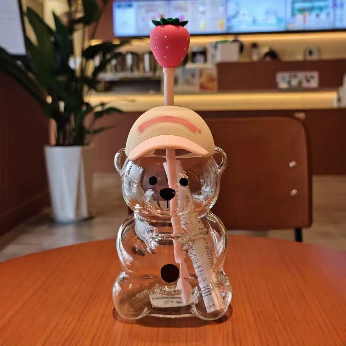 Cute Bear Glass Cup with Straw & Strawberry Lid