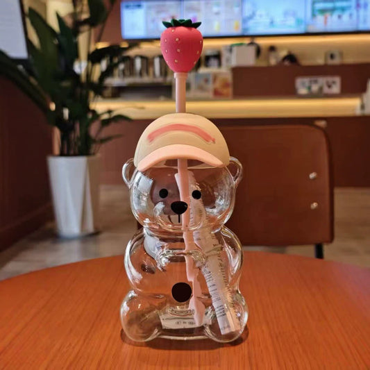 Cute Bear Glass Cup with Straw & Strawberry Lid