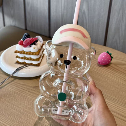 Cute Bear Glass Cup with Straw & Strawberry Lid