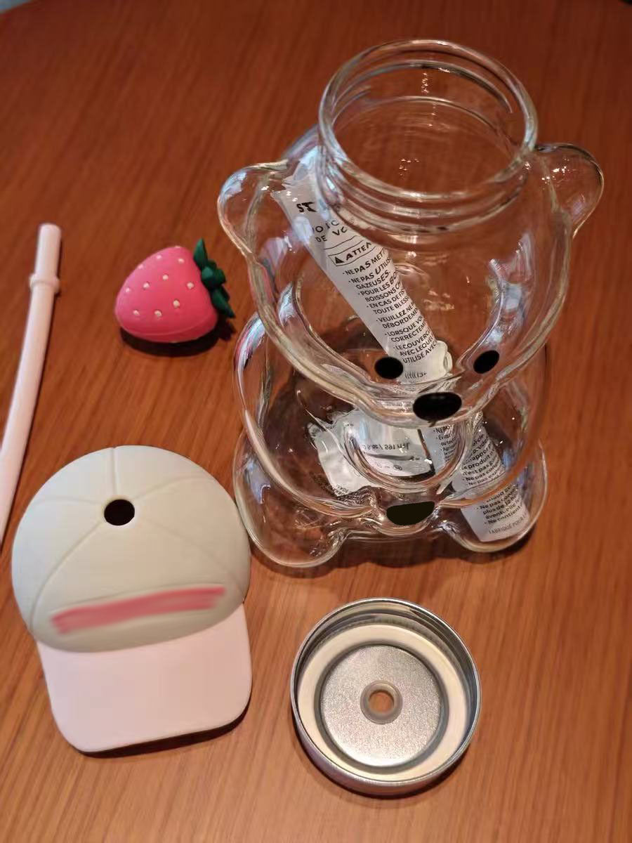 Cute Bear Glass Cup with Straw & Strawberry Lid