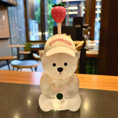 Cute Bear Glass Cup with Straw & Strawberry Lid