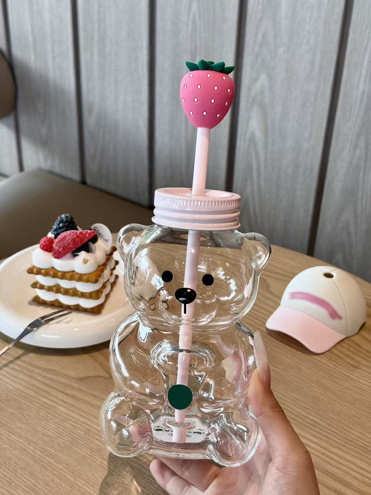 Cute Bear Glass Cup with Straw & Strawberry Lid